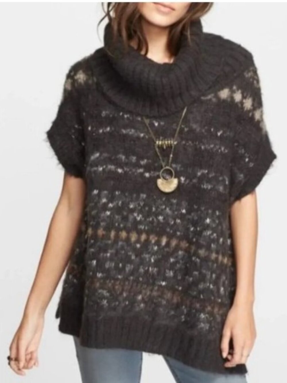 Free People Snow Bunny Fair Isle Cowl Neck Short Sleeve Sweater sz XS